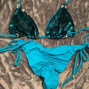 blue bedazzle bikini top + scrunch butt bottom